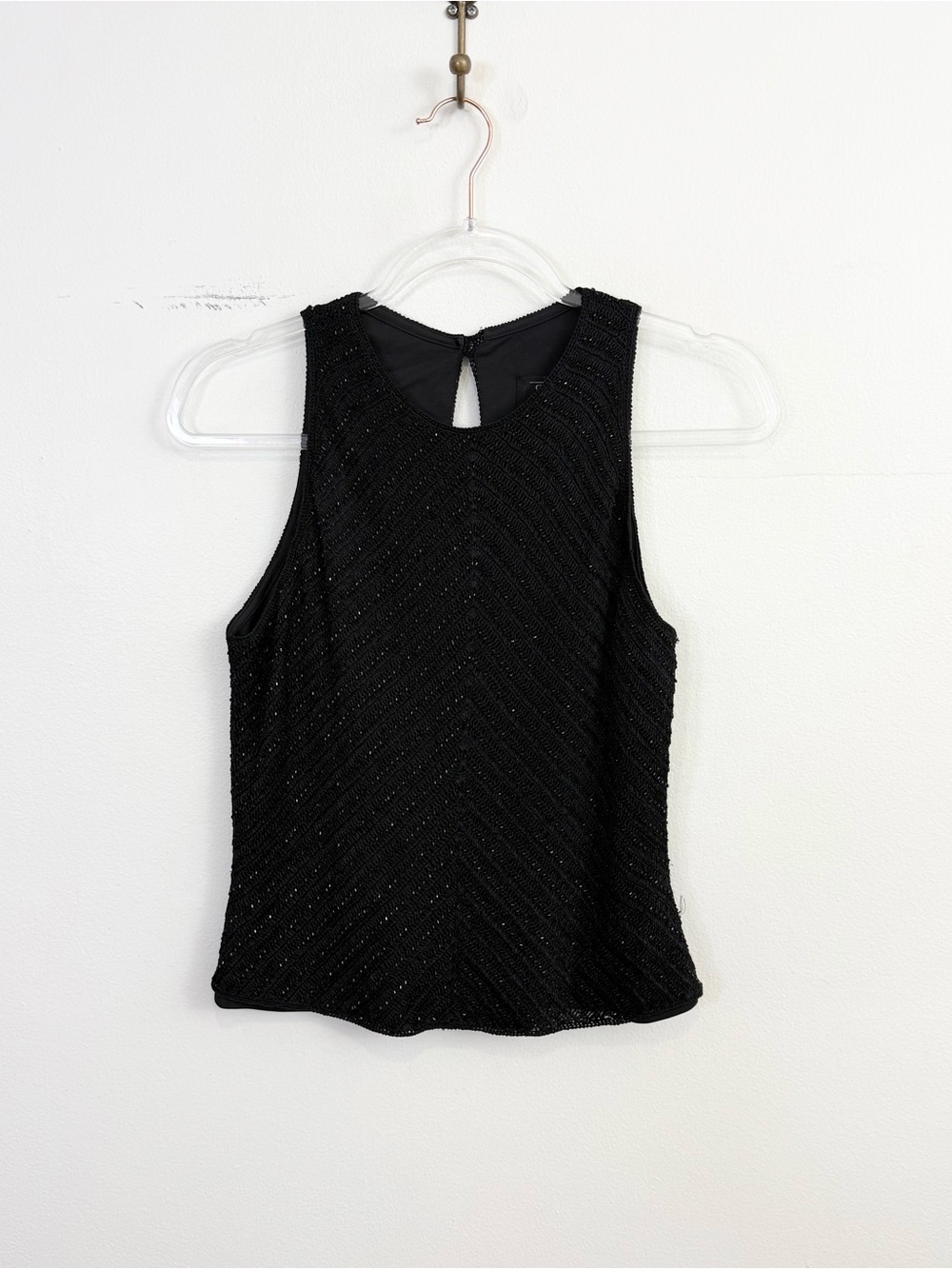 Carmen Marc Valvo Black Beaded Crochet Sleeveless Knit Top Sheer Back M